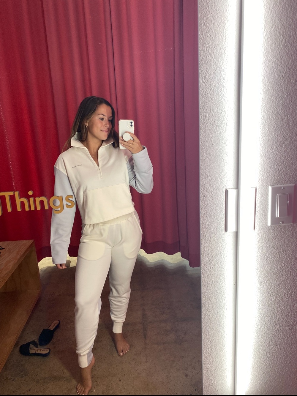 Outdoor Voices Cream and Light Gray Zip Pullover Jogger Set